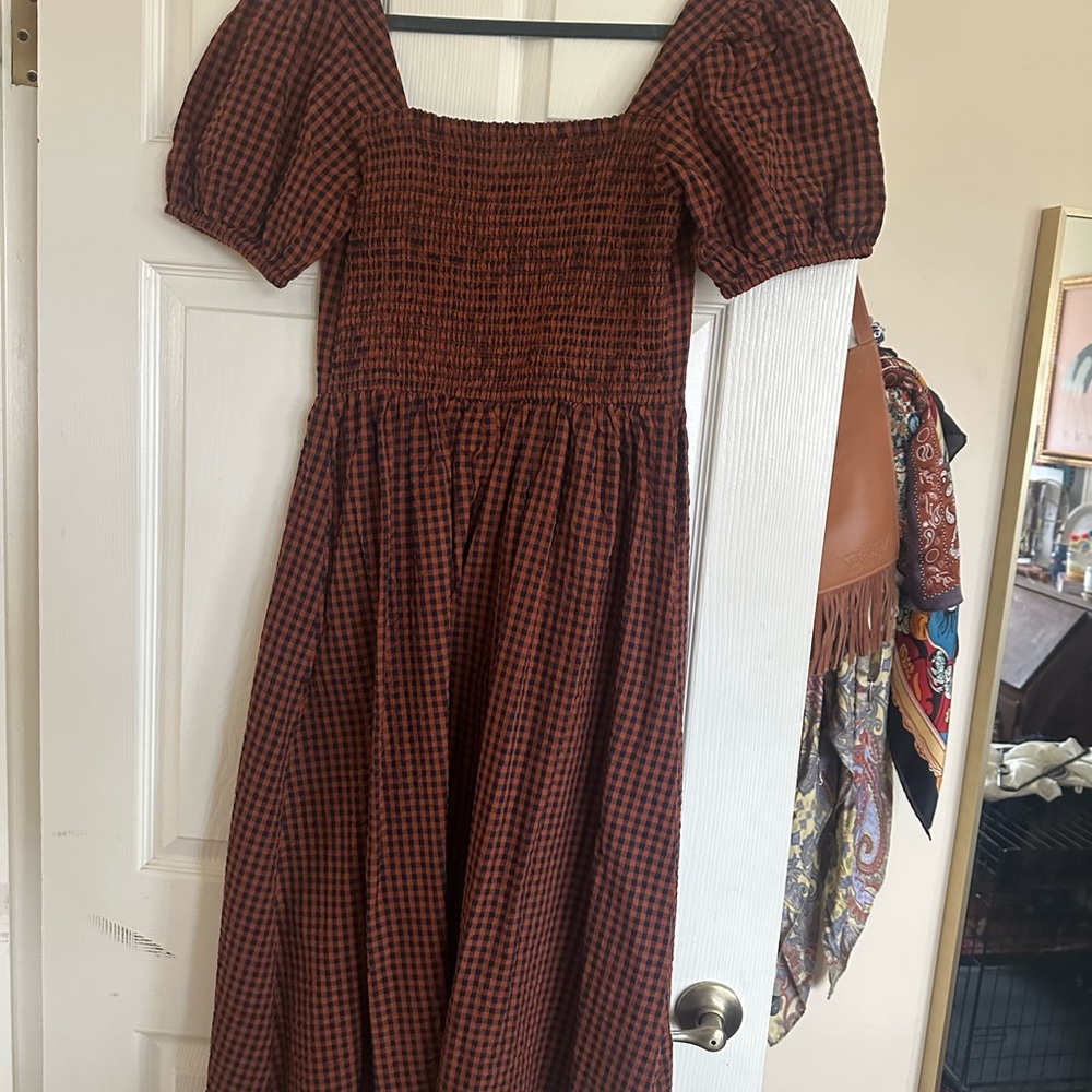 Burnt orange and navy blue midi dress - Picture 2 of 4